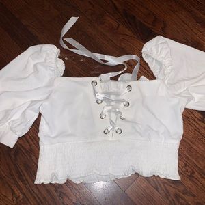 White crop top with puffy sleeves